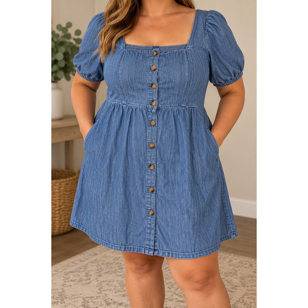 Old Navy Denim Mini Chambray Dress XL Square Neck Puff Sleeve Button Front BoHo